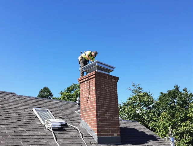 Holbrook Chimney Sweep technician measuring a chimney cap in Holbrook, MA