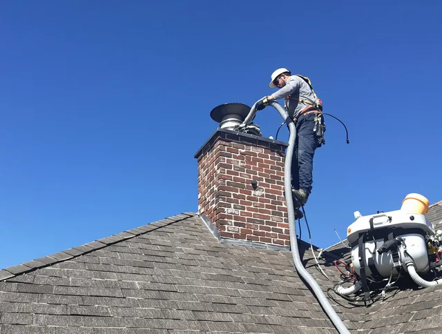 Dedicated Holbrook Chimney Sweep team member cleaning a chimney in Holbrook, MA
