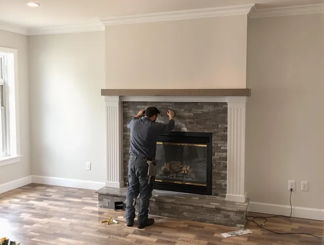 Holbrook Chimney Sweep finishing a custom fireplace install in Holbrook, MA